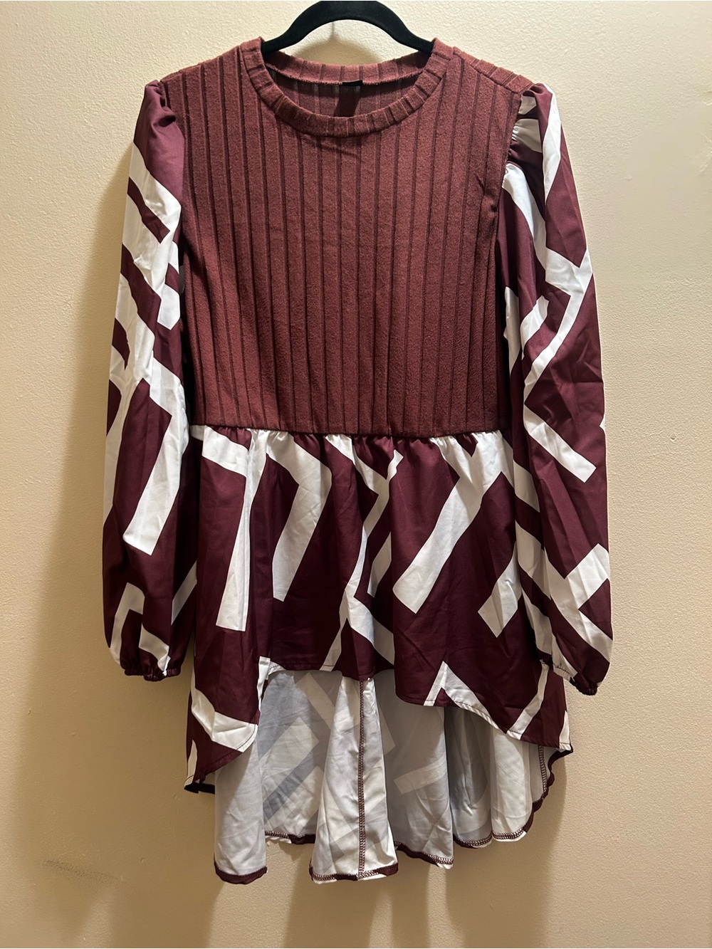 SHEIN Maroon and White Peplum Mixed-Media Blouse
